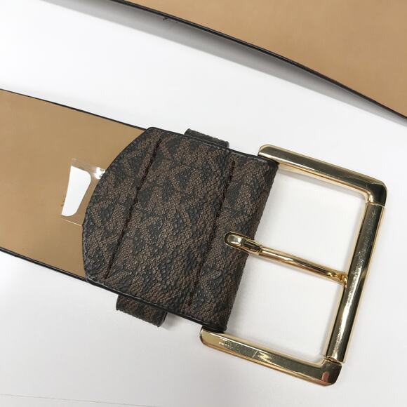 MICHAEL KORS Monogram Brown Gold Square WIDE Elastic Stretch Belt Canvas Med LG